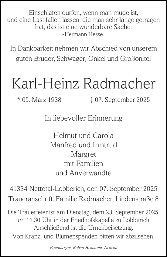 Traueranzeige von Karl-Heinz Radmacher von trauer.panorama-anzeigenblatt.de