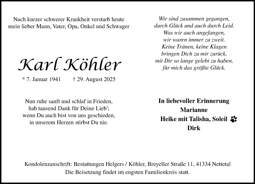  Traueranzeige für Karl Köhler vom 14.09.2025 aus trauer.panorama-anzeigenblatt.de