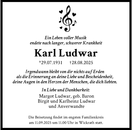Traueranzeige von Karl Ludwar von Rheinisch-Bergische Anzeigenblatt