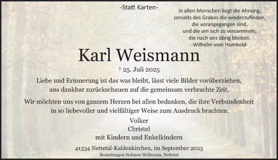 Traueranzeige von Karl Weismann von Rheinisch-Bergische Anzeigenblatt