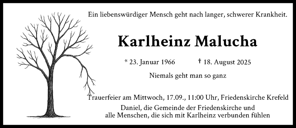  Traueranzeige für Karlheinz Malucha vom 14.09.2025 aus trauer.panorama-anzeigenblatt.de