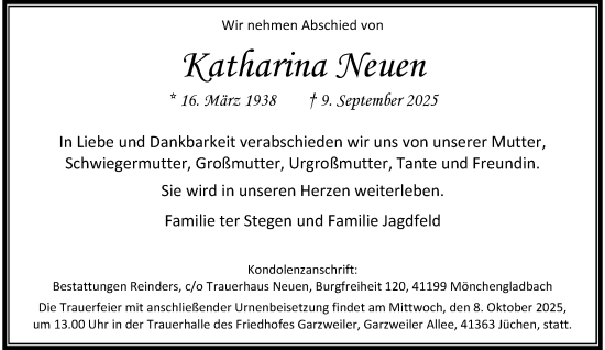 Traueranzeige von Katharina Neuen von trauer.stadt-kurier.de