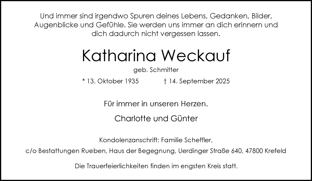  Traueranzeige für Katharina Weckauf vom 21.09.2025 aus trauer.panorama-anzeigenblatt.de