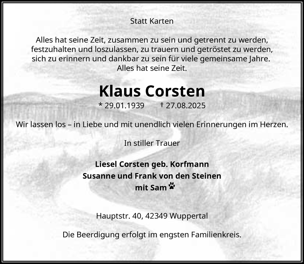  Traueranzeige für Klaus Corsten vom 06.09.2025 aus trauer.wuppertaler-rundschau.de