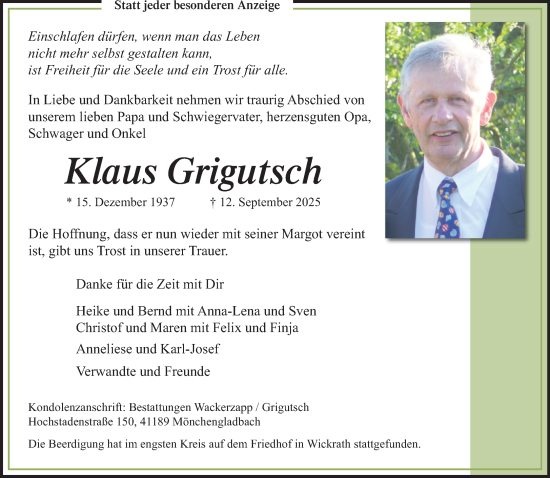 Traueranzeige von Klaus Grigutsch von trauer.panorama-anzeigenblatt.de