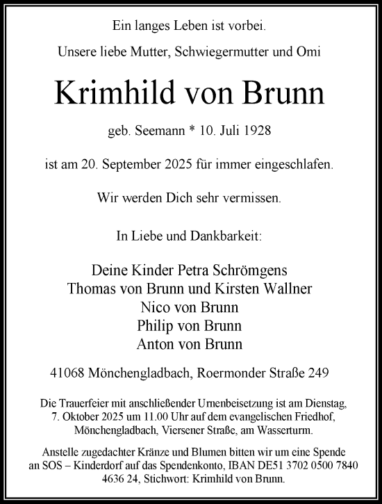 Traueranzeige von Krimhild von Brunn von trauer.panorama-anzeigenblatt.de