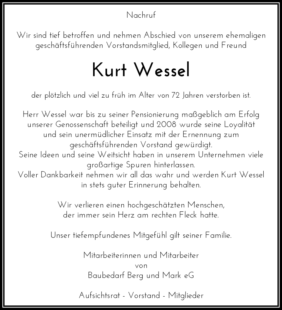 Traueranzeige für Kurt Wessel vom 06.09.2025 aus trauer.wuppertaler-rundschau.de