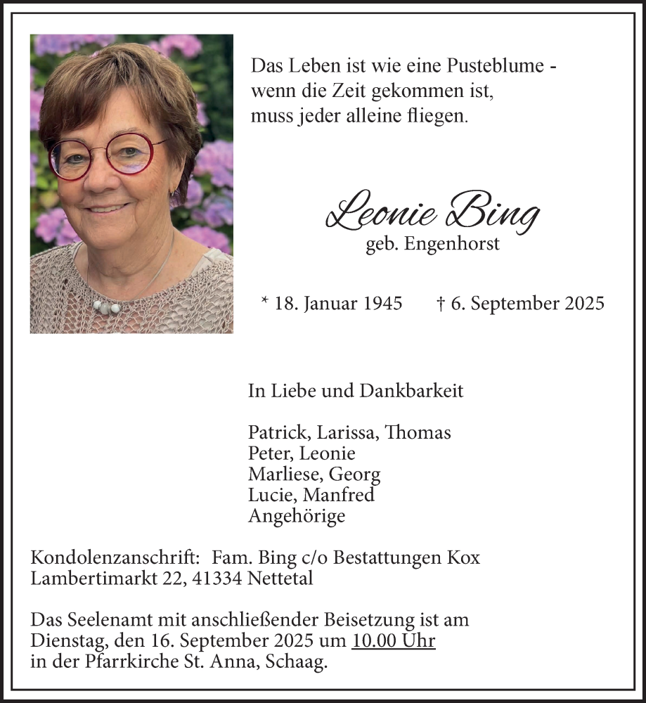  Traueranzeige für Leonie Bing vom 14.09.2025 aus trauer.panorama-anzeigenblatt.de