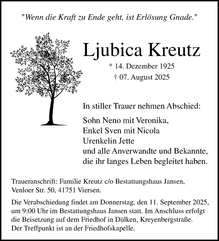  Traueranzeige für Ljubica Kreutz vom 07.09.2025 aus Rheinisch-Bergische Anzeigenblatt