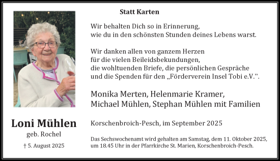 Traueranzeige von Loni Mühlen von trauer.panorama-anzeigenblatt.de