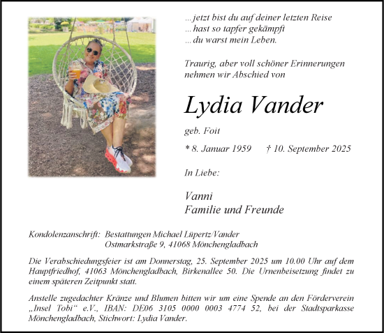 Traueranzeige von Lydia Vander von trauer.panorama-anzeigenblatt.de