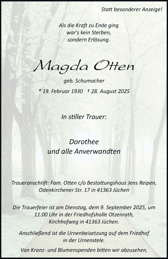Traueranzeige von Magda Otten von trauer.stadt-kurier.de