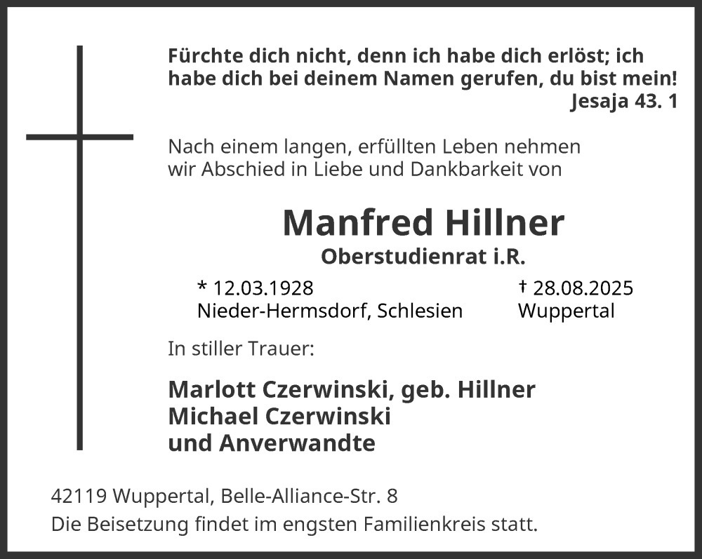  Traueranzeige für Manfred Hillner vom 06.09.2025 aus trauer.wuppertaler-rundschau.de