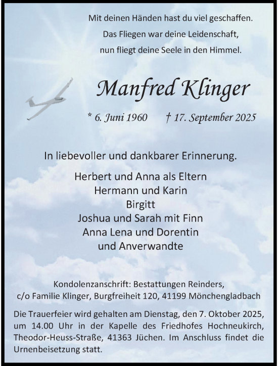Traueranzeige von Manfred Klinger von trauer.stadt-kurier.de