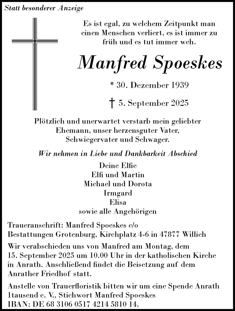 Traueranzeige für Manfred Spoeskes vom 14.09.2025 aus trauer.panorama-anzeigenblatt.de