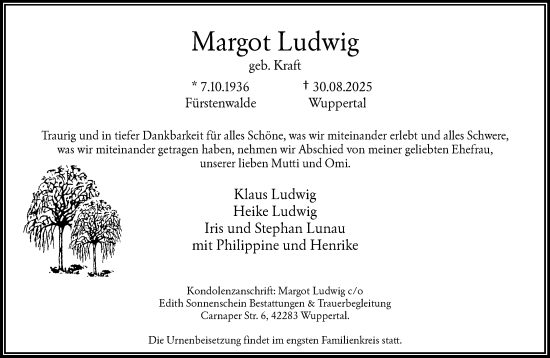 Traueranzeige von Margot Ludwig von trauer.wuppertaler-rundschau.de