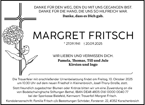 Traueranzeige von Margret Fritsch von trauer.panorama-anzeigenblatt.de
