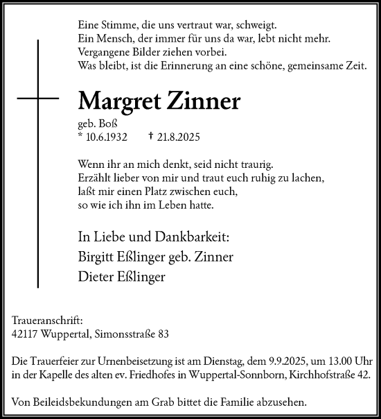 Traueranzeige von Margret Zinner von trauer.wuppertaler-rundschau.de
