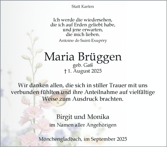 Traueranzeige von Maria Brüggen von trauer.panorama-anzeigenblatt.de