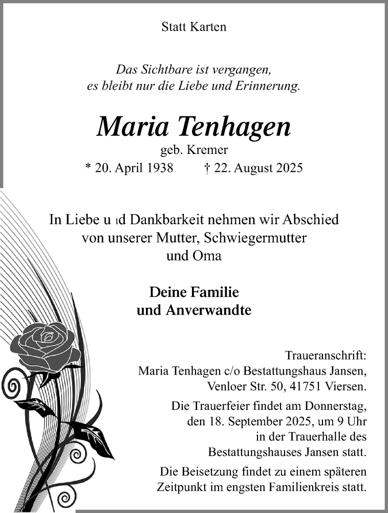  Traueranzeige für Maria Tenhagen vom 07.09.2025 aus Rheinisch-Bergische Anzeigenblatt