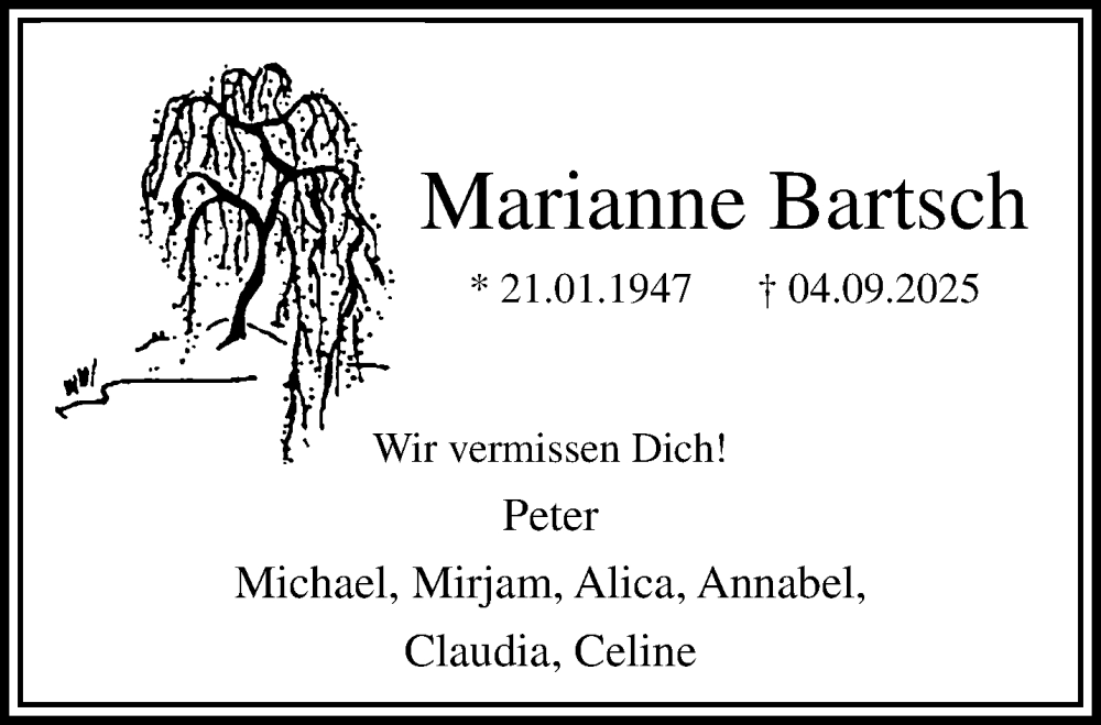  Traueranzeige für Marianne Bartsch vom 14.09.2025 aus trauer.panorama-anzeigenblatt.de