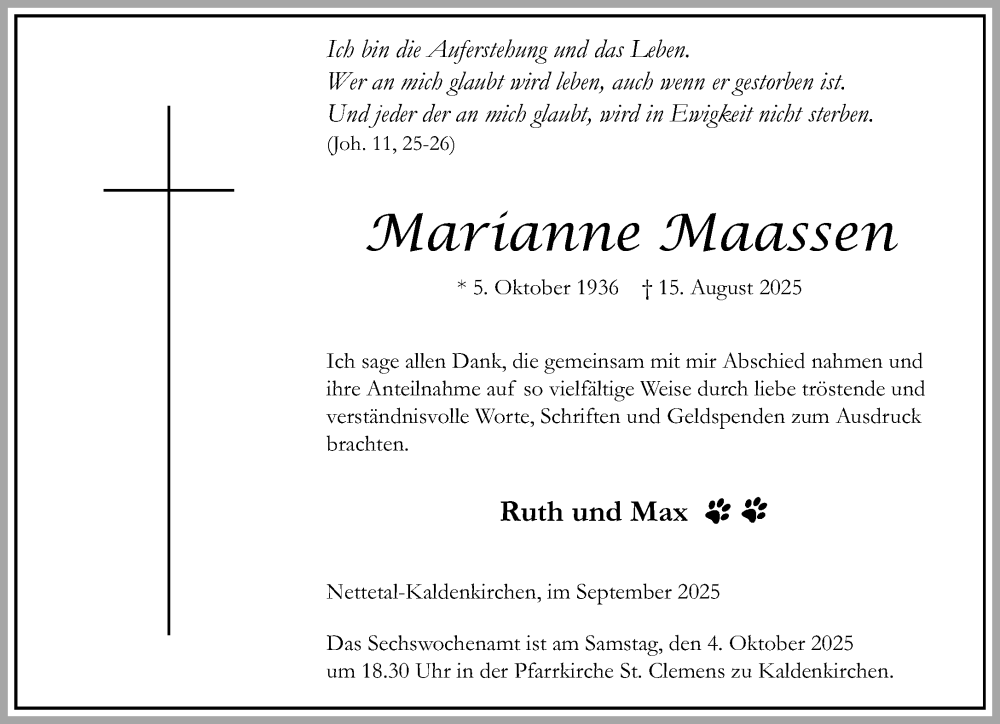  Traueranzeige für Marianne Maassen vom 14.09.2025 aus trauer.panorama-anzeigenblatt.de