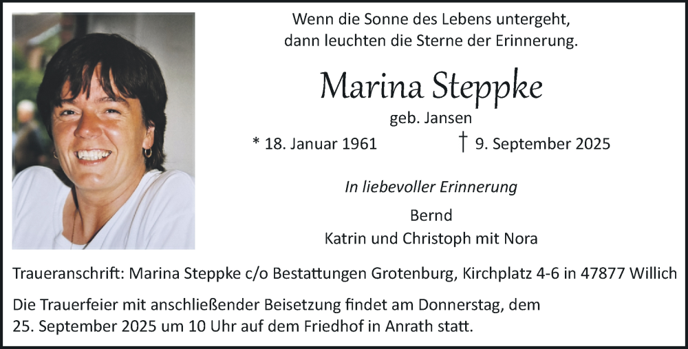  Traueranzeige für Marina Steppke vom 21.09.2025 aus trauer.panorama-anzeigenblatt.de