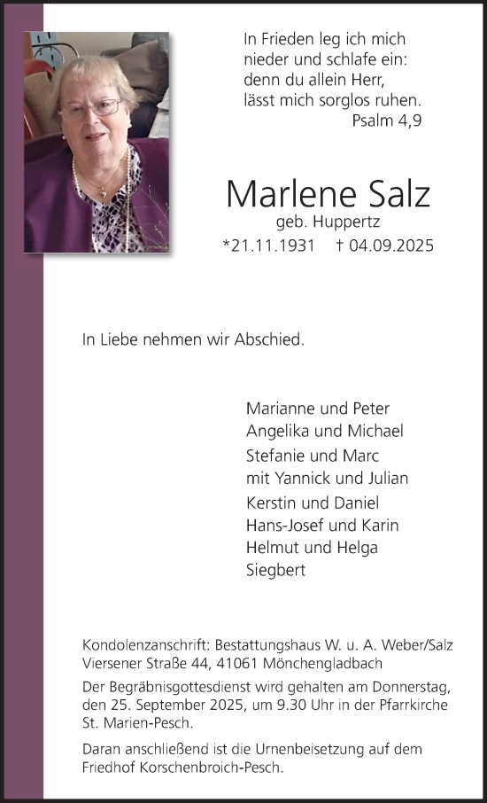 Traueranzeige von Marlene Salz von trauer.panorama-anzeigenblatt.de
