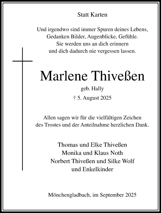 Traueranzeige von Marlene Thiveßen von trauer.panorama-anzeigenblatt.de