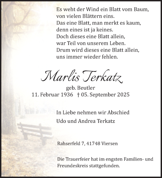 Traueranzeige von Marlis Terkatz von trauer.panorama-anzeigenblatt.de