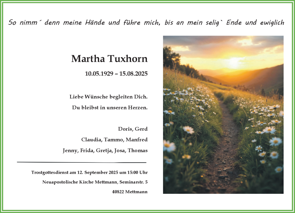  Traueranzeige für Martha Tuxhorn vom 05.09.2025 aus Rheinisch-Bergische Anzeigenblatt