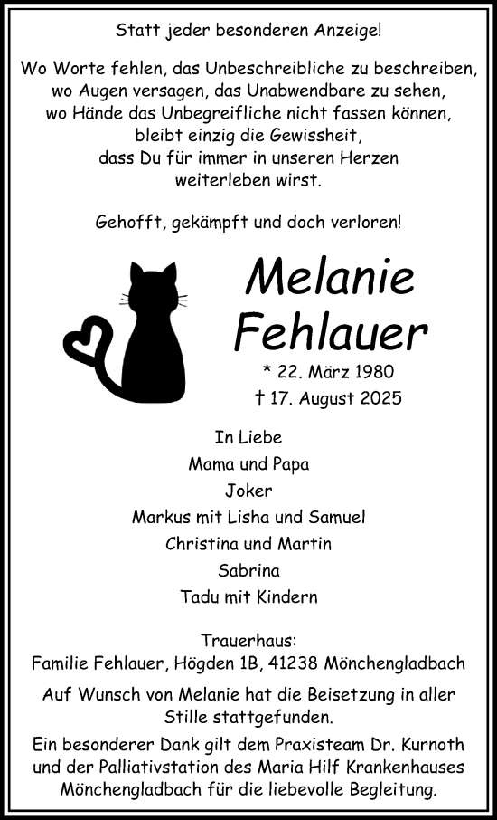 Traueranzeige von Melanie Fehlauer von Rheinisch-Bergische Anzeigenblatt