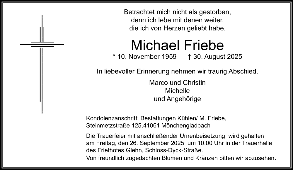  Traueranzeige für Michael Friebe vom 14.09.2025 aus trauer.panorama-anzeigenblatt.de