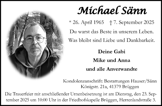 Traueranzeige von Michael Sänn von trauer.panorama-anzeigenblatt.de
