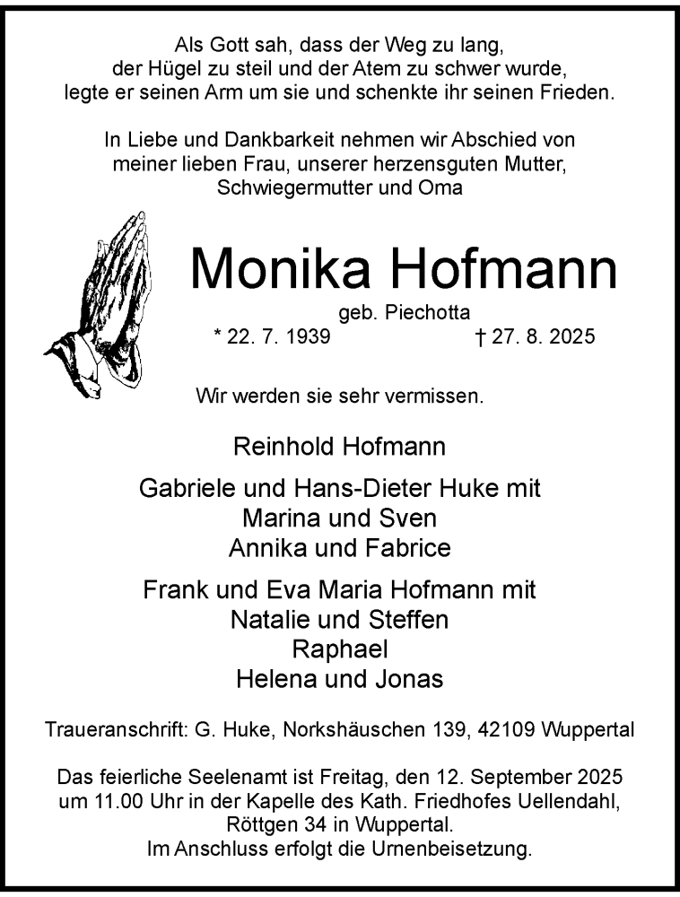  Traueranzeige für Monika Hofmann vom 06.09.2025 aus trauer.wuppertaler-rundschau.de