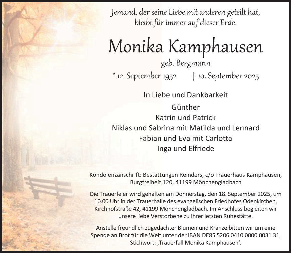  Traueranzeige für Monika Kamphausen vom 14.09.2025 aus trauer.panorama-anzeigenblatt.de