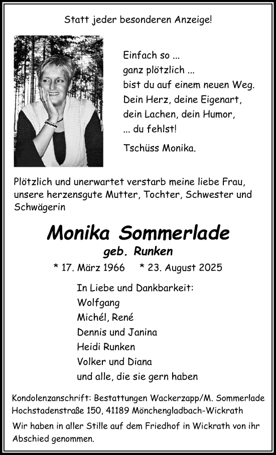 Traueranzeige von Monika Sommerlade von Rheinisch-Bergische Anzeigenblatt