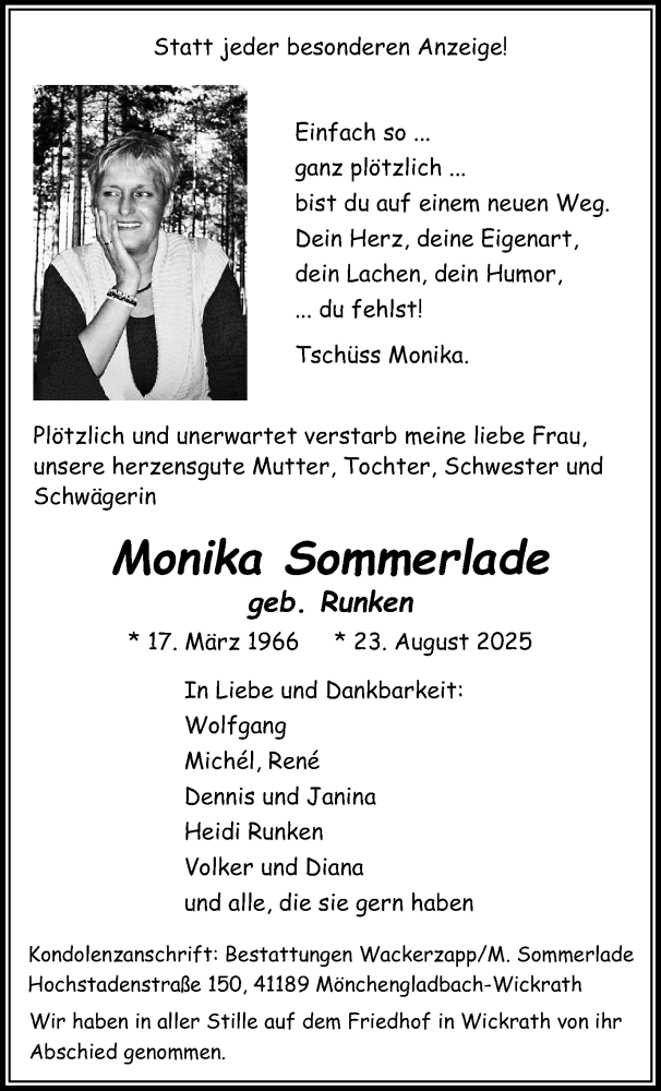  Traueranzeige für Monika Sommerlade vom 07.09.2025 aus Rheinisch-Bergische Anzeigenblatt