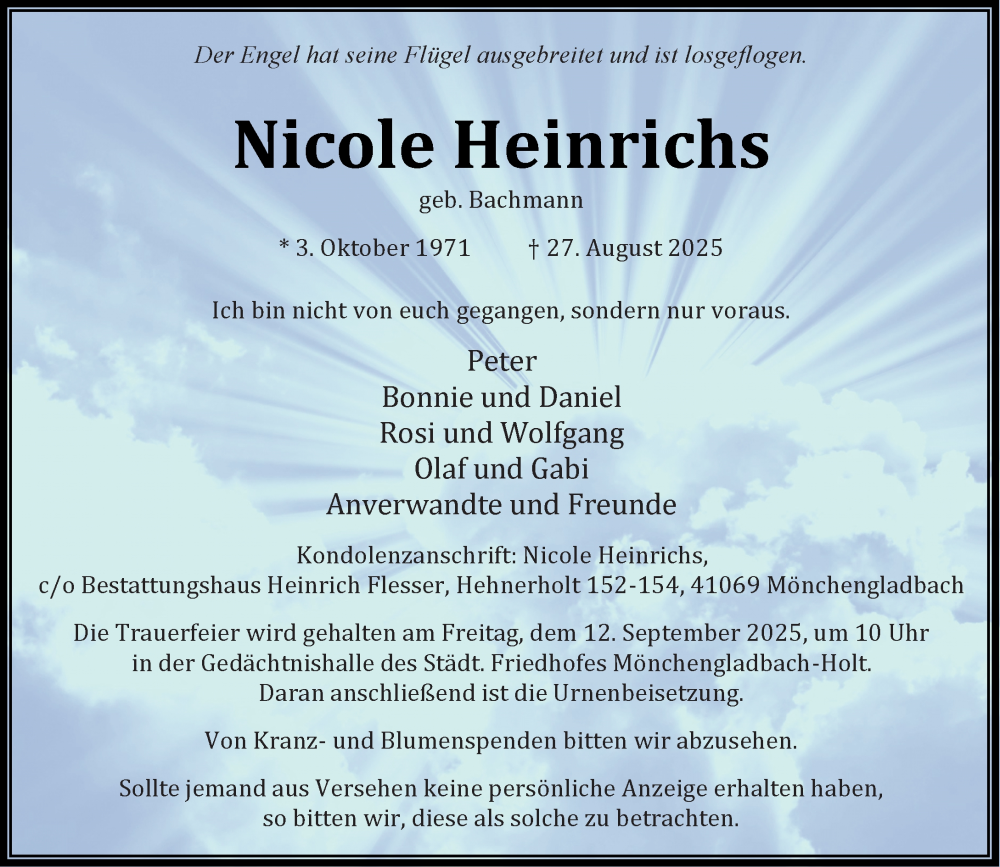  Traueranzeige für Nicole Heinrichs vom 07.09.2025 aus Rheinisch-Bergische Anzeigenblatt