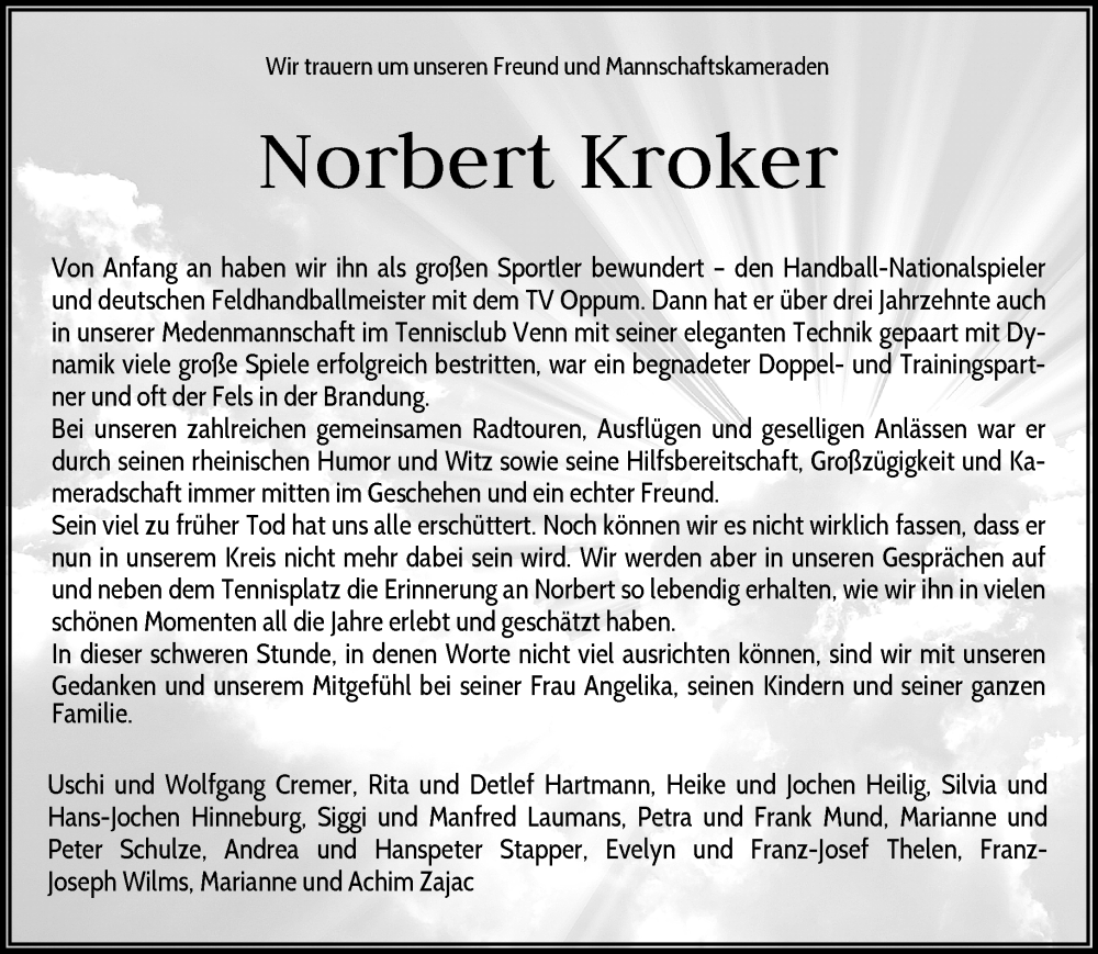  Traueranzeige für Norbert Kroker vom 07.09.2025 aus Rheinisch-Bergische Anzeigenblatt