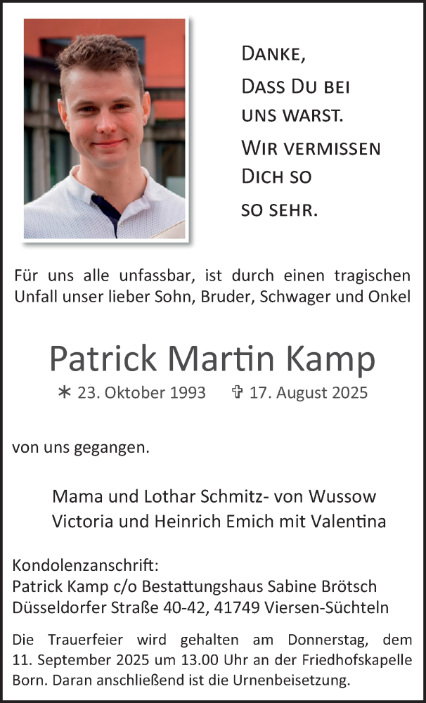  Traueranzeige für Patrick Martin Kamp vom 07.09.2025 aus Rheinisch-Bergische Anzeigenblatt