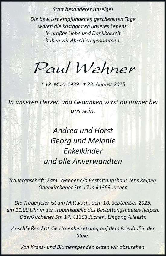 Traueranzeige von Paul Wehner von trauer.stadt-kurier.de
