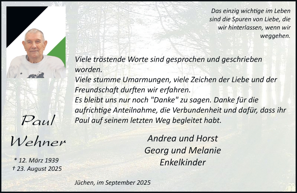  Traueranzeige für Paul Wehner vom 27.09.2025 aus trauer.stadt-kurier.de