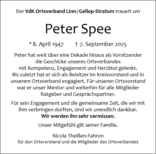 Traueranzeige von Peter Spee von trauer.panorama-anzeigenblatt.de