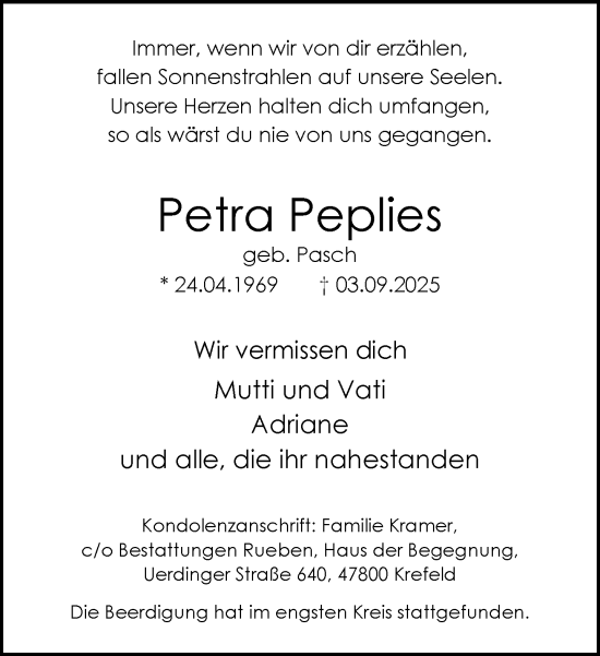 Traueranzeige von Petra Peplies von trauer.panorama-anzeigenblatt.de