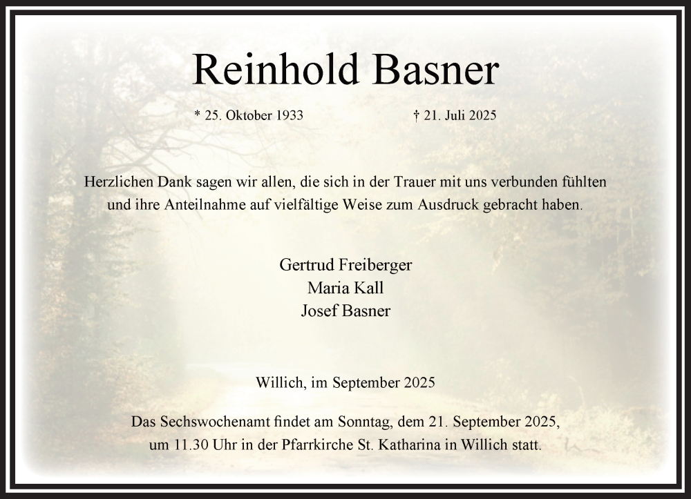  Traueranzeige für Reinhold Basner vom 14.09.2025 aus trauer.panorama-anzeigenblatt.de