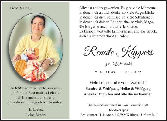 Traueranzeige von Renate Küppers von trauer.panorama-anzeigenblatt.de