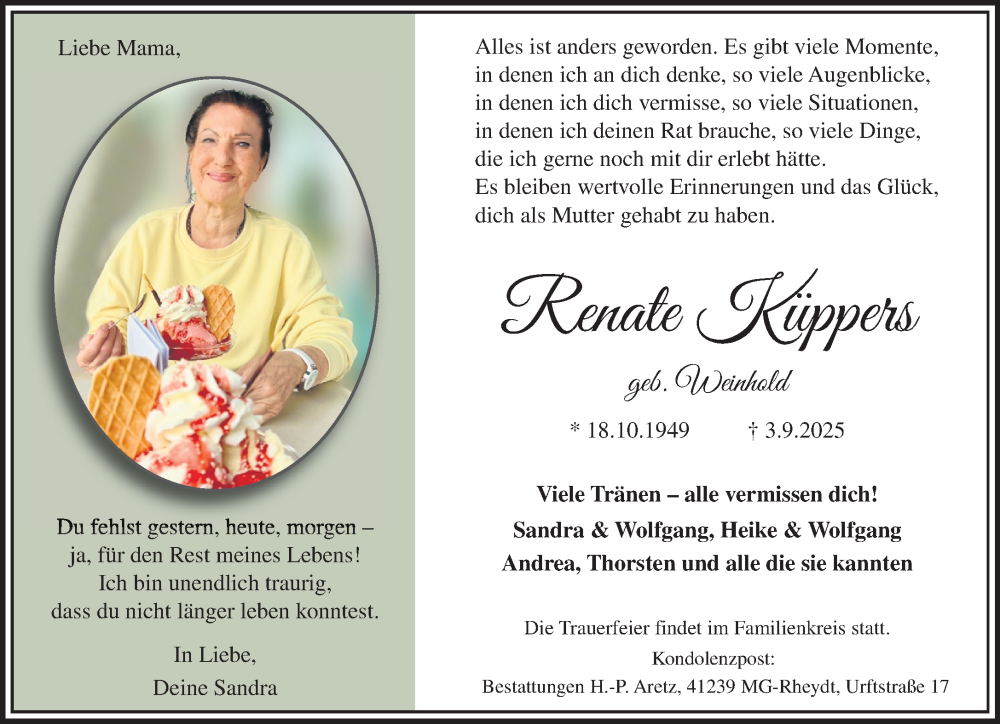  Traueranzeige für Renate Küppers vom 14.09.2025 aus trauer.panorama-anzeigenblatt.de