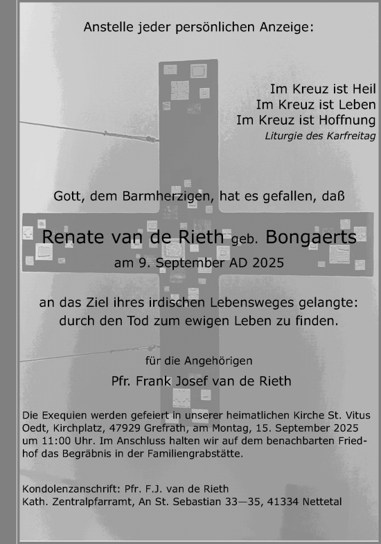 Traueranzeige von Renate van de Rieth von trauer.panorama-anzeigenblatt.de