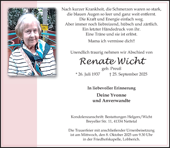Traueranzeige von Renate Wicht von trauer.panorama-anzeigenblatt.de